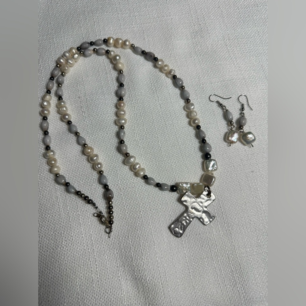 Long necklace with cross charm with matching earrings
